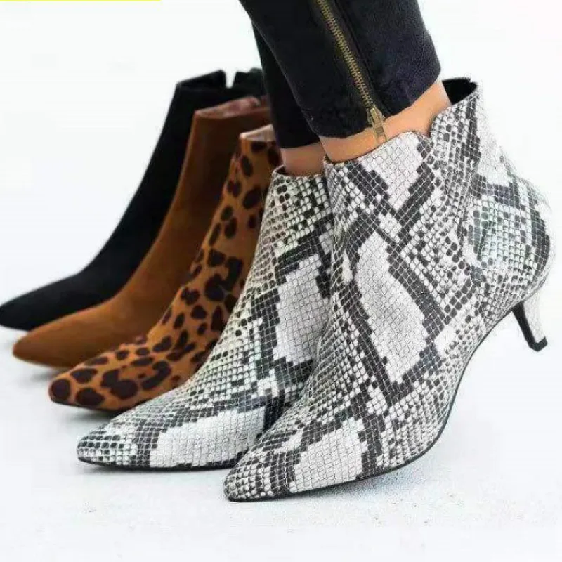 NEW Women\'s Ankle Boots Leopard Women Pointed Toe Ladies Chunky High Heel Female Shoes Woman Footwear Plus Size 35-43 Snake