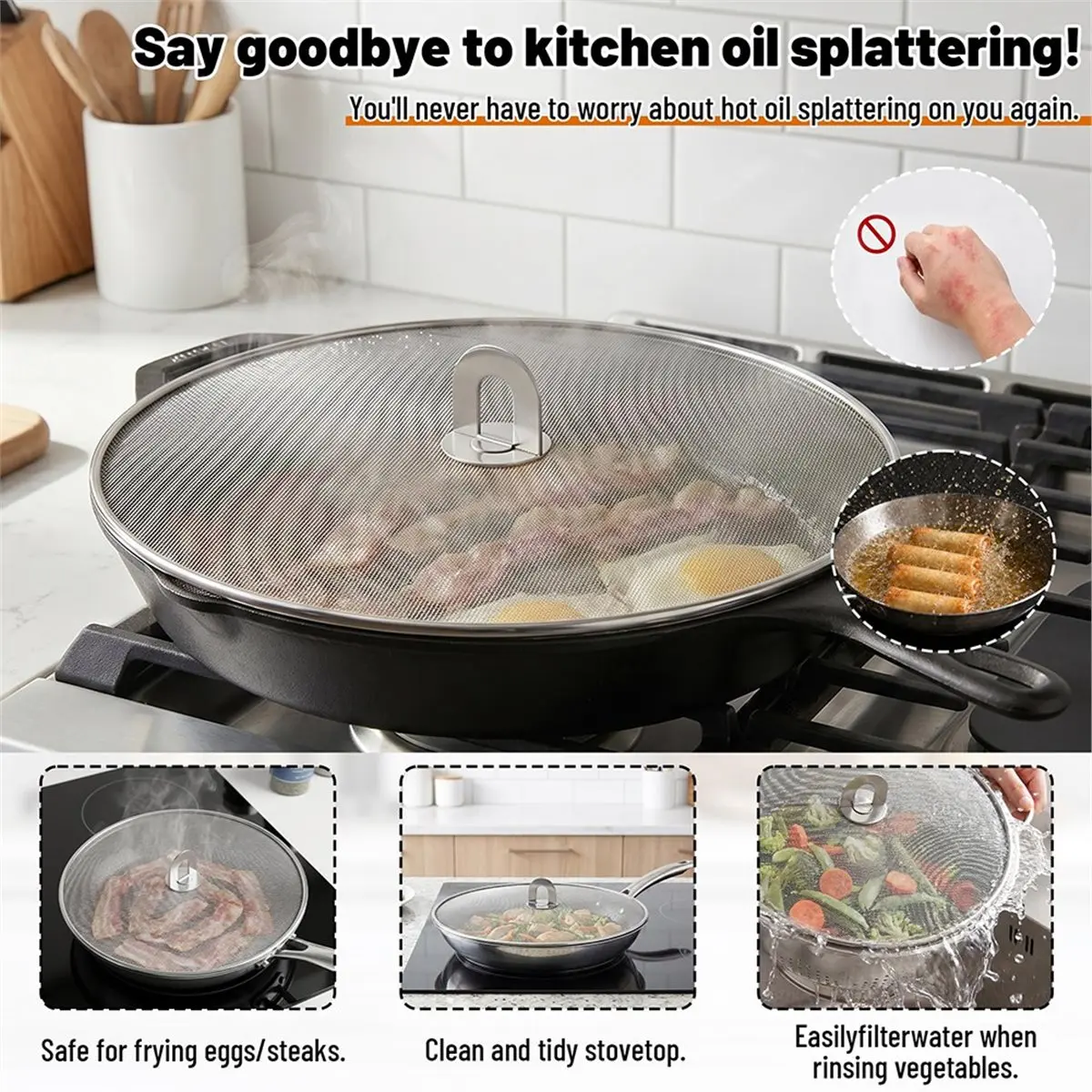 RECOMMENDATION  3-Pack Stainless Steel Splatter Guard Set, - Prevent , Oil Splash, and Mess in Kitchen