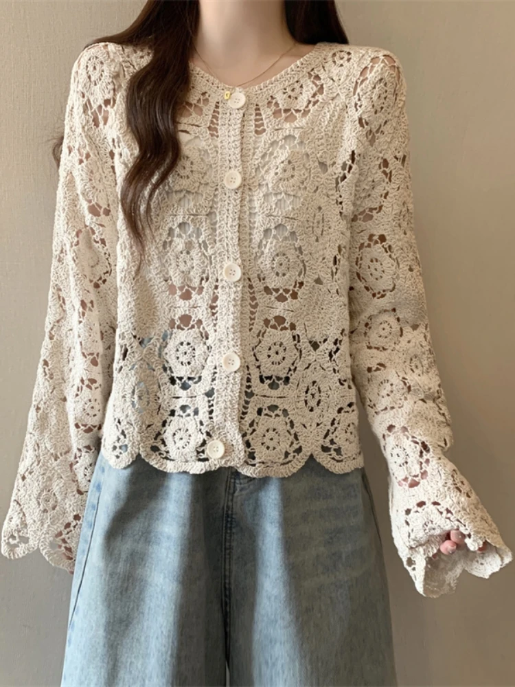 Women's Knitted Hollow out Cardigan Thin Early Autumn Large Size Transparent Micro Sensation High Level Sun Protection Coat