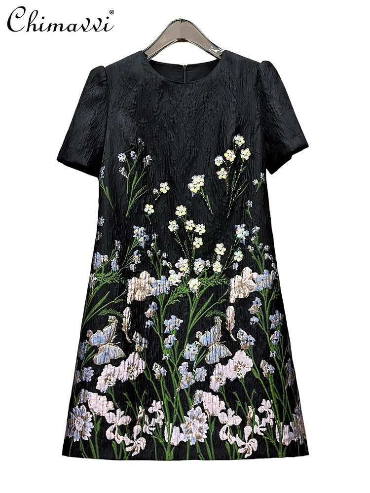 

Французские элегантные светские летние платья с вышивкой бисером и блестками, круглым вырезом, коротким рукавом, высокой талией, тонкое винтажное платье для женщин