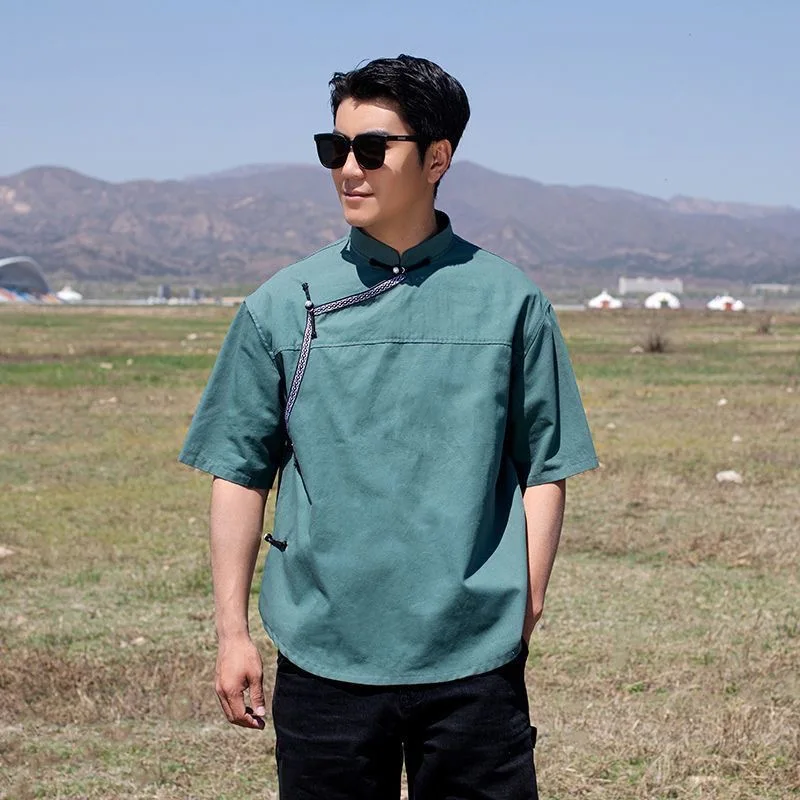 

Slim Fit Mongolian Men's Short Sleeve Shirt Loose Stand Collar Retro Ethnic Style Top Summer Half Sleeve Fashionable Shirt