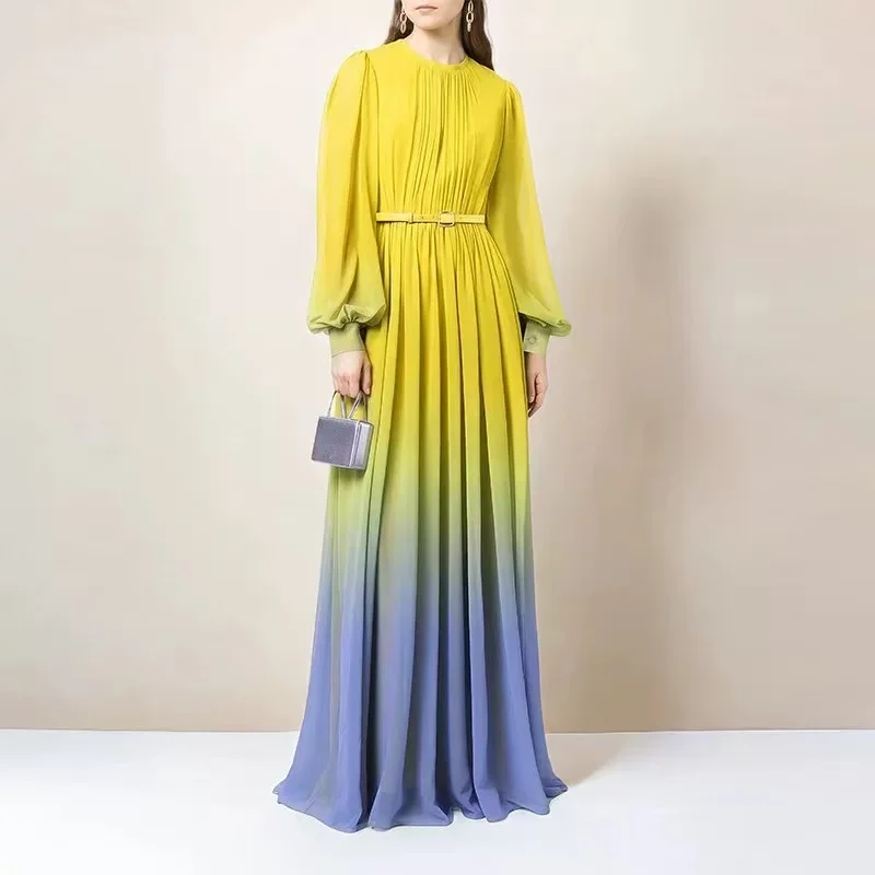 Fashion Women's Round Collar Chiffon Long Pleated Dress Robe Elegant New Spring Gradient Color Lantern Sleeve Loose Belt Vestido