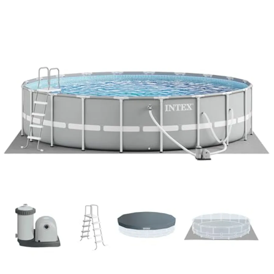 Above ground swimming pool set for backyard use, steel frame with blue finish, rust-resistant and easy assembly