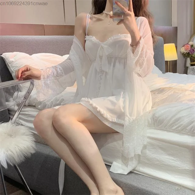 Women Nightgown With Bra New In Sleepwear Pijama Set Mini Dress Sexy Lace Two Piece Set Home Suit White Loungewear Pyjamas Yk2