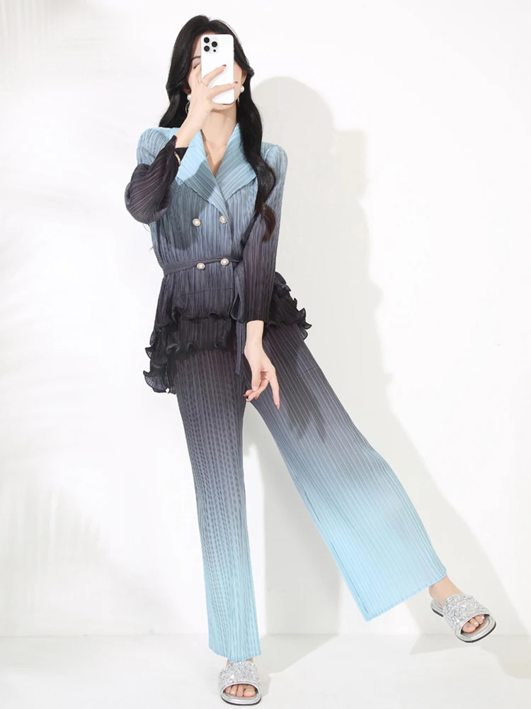 

Шикарный плиссированный блейзер с градиентом, брюки, весенний женский пиджак с длинными рукавами и грибковым краем + свободные широкие брюки, осенний комплект из двух предметов