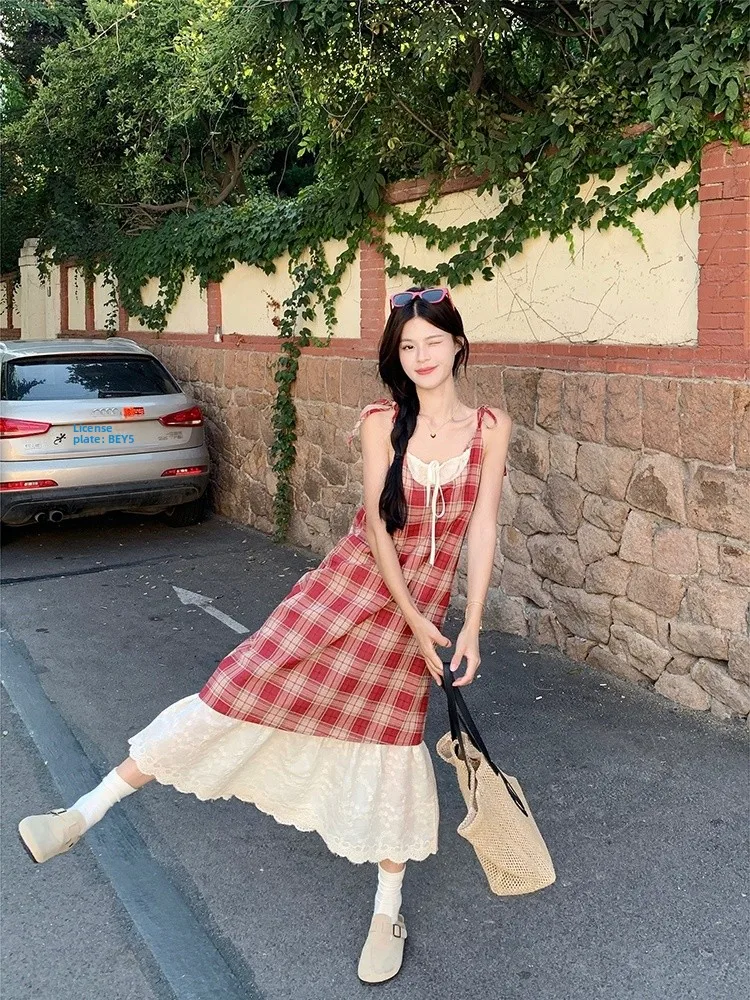 夏チェック柄ストラップドレスレディースミディスカートスタイル通勤ルーズウエストその他素材00%ビッグスイングタイプAラインガウン