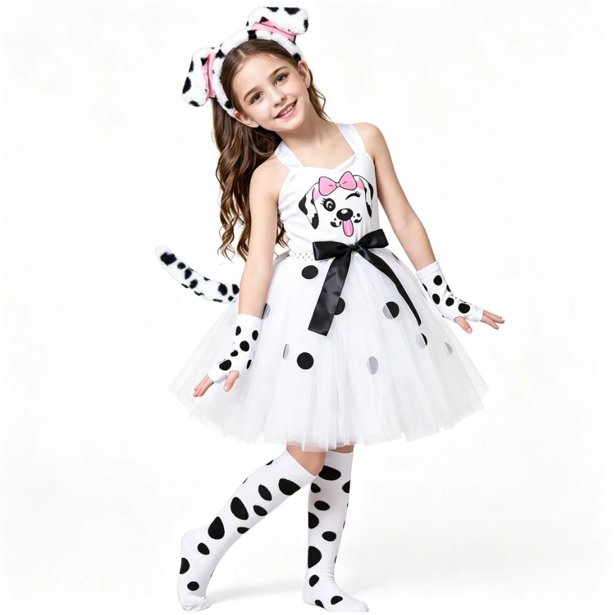 Cartoon Cute Spotted Dog Mesh Dress With Bow Tail Ear Outfit Kids Animal Stage Performance Role Play Fancy Holiday Fashion Party