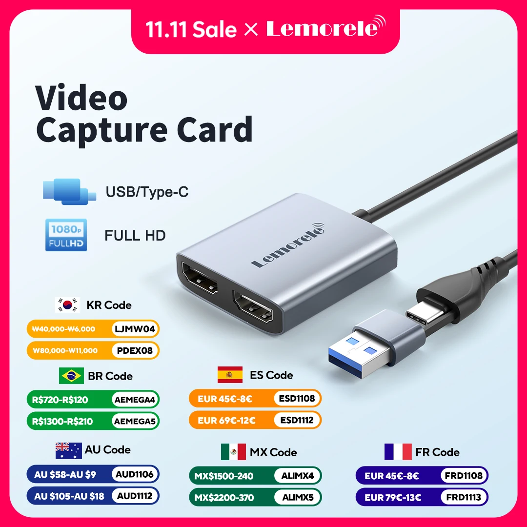 Lemorele Video Capture Card 1080P HDMI to USB-A/Type-C Game Recording Grabber Live Streaming Video Adapter for Switch Xbox PS4/5