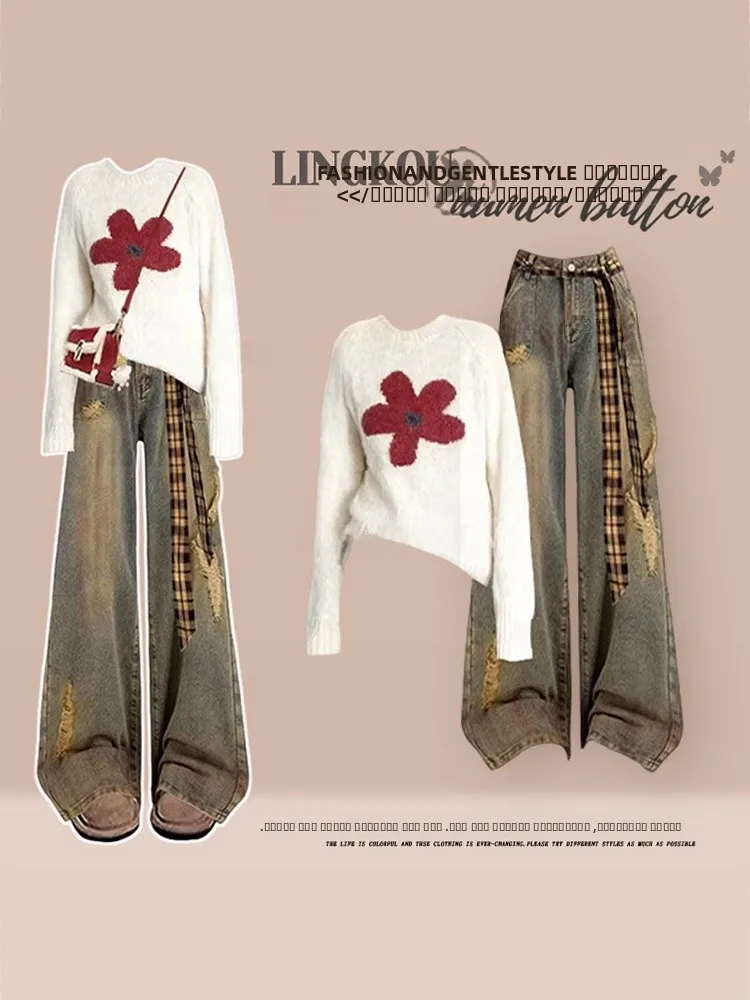 

Вязаный свитер и джинсы Ele для женщин: комплект с цветочным узором, высокой талией, длинными рукавами, круглым вырезом, свободного кроя, осенне-зимний наряд