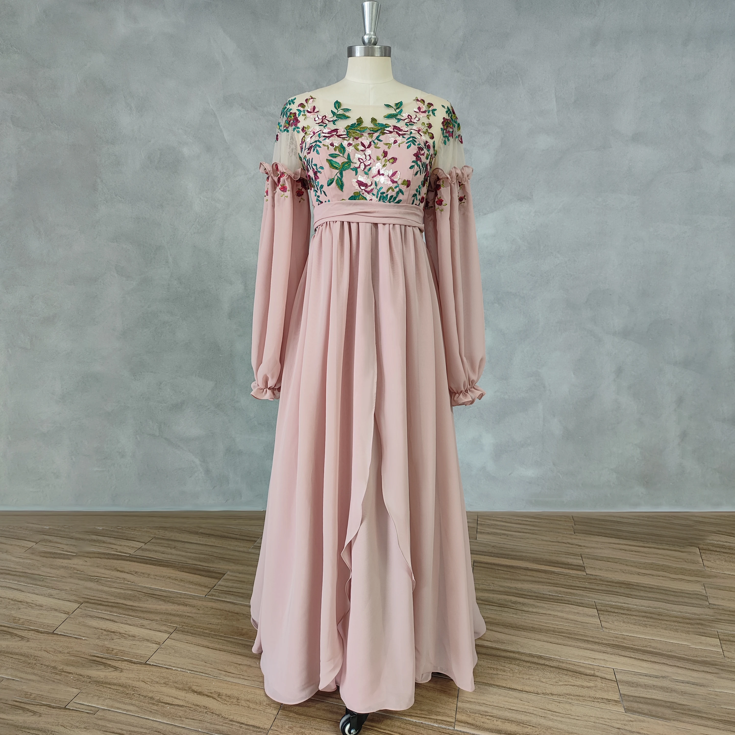 DIDEYTTAWL Real Photos O-Neck Flower Appqiques Chiffon Prom Dress Long Puff Sleeves A Line Open Fairy Floor Length Evening Gown