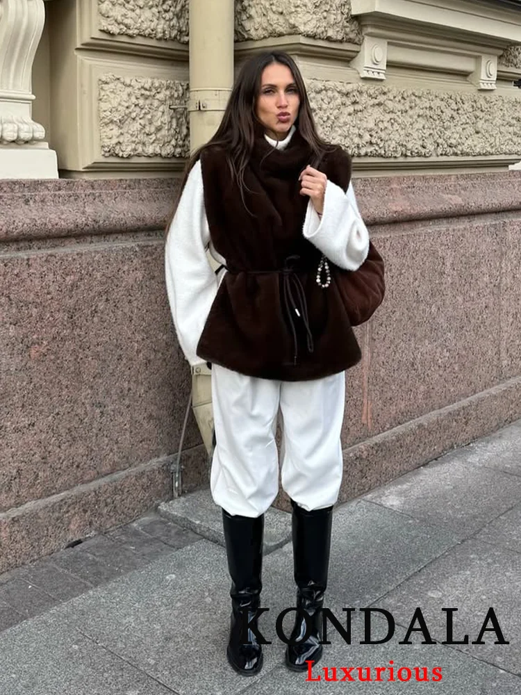 TRAFZA, abrigo informal de piel sintética para mujer, jersey marrón liso de cuello alto, fajas, Top recto, nueva moda, abrigo femenino para vacaciones de otoño 2025