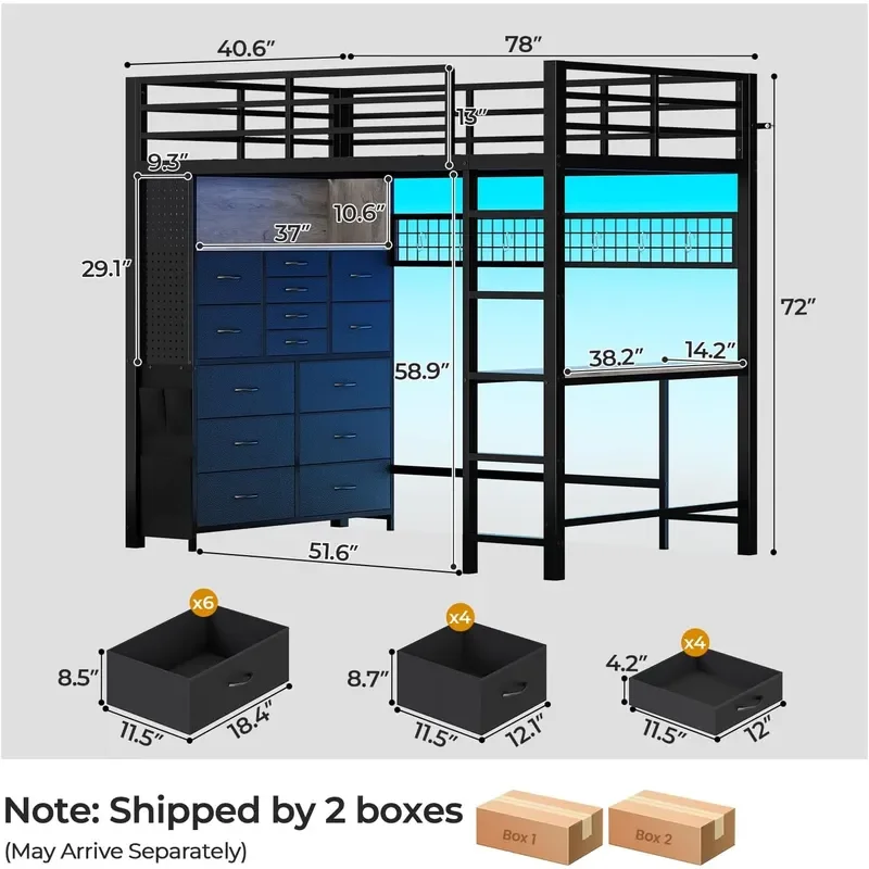 Twin Loft Bed with Desk 14 Storage Drawers Power Outlet Black