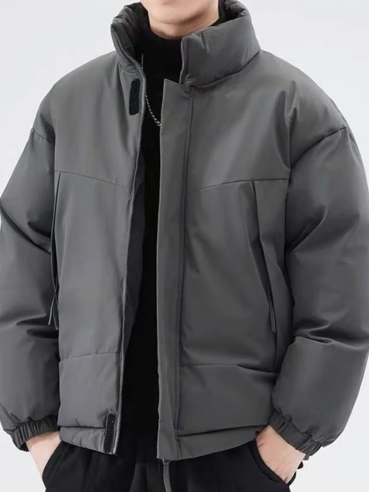 

Warm Casual Cotton Jaet for Men Versatile Bread Sle Outerwear Youthful Trendy Loose Fit Long Sve Stand Collar Coat