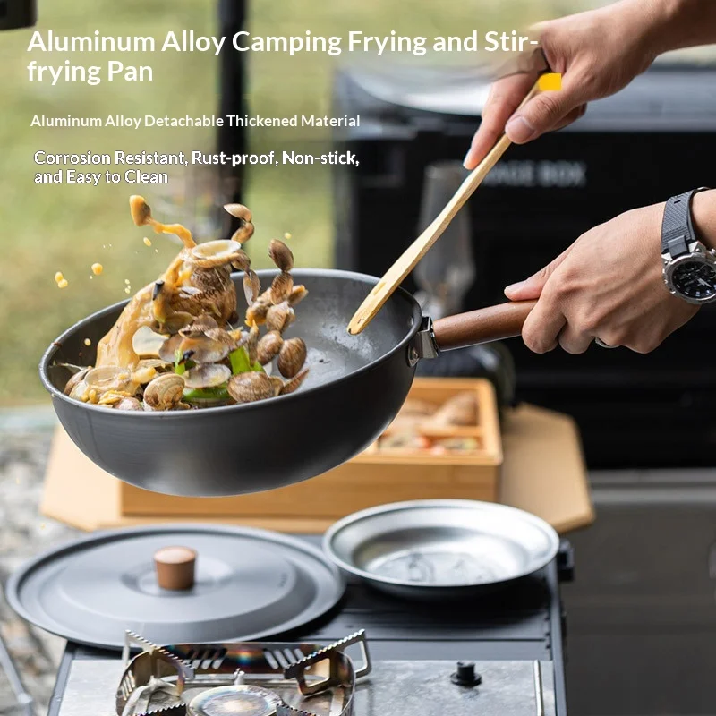 Outdoor Aluminum Alloy Wok With Detachable Solid Wood Handle Portable For Camping Picnic And Home Use Chinese Style Cooking Pan