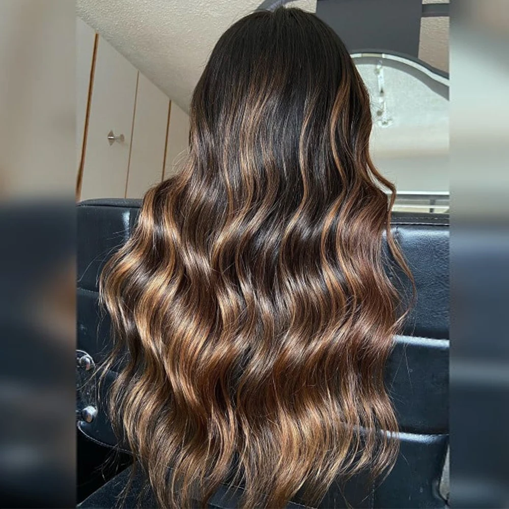 Balayage-Peluca de cabello humano Remy morena para mujer, postizo de encaje frontal, marrón, Rubio, largo y ondulado, 200% de densidad