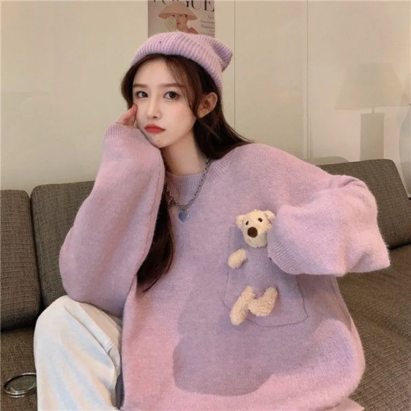 Women Autumn and Winter 2023 New Sweater Lazy Wind Hooded Cartoon Sweater Korean Version Loose All-match Pure Colour