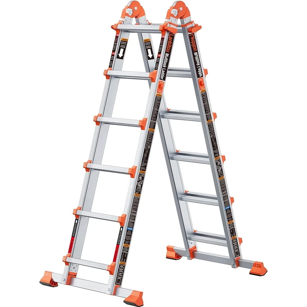 

6 Step Folding Extension Ladder A Frame Anti-Slip Multi Position Aluminum Load 330lbs Safety Design Lightweight Portable Storage