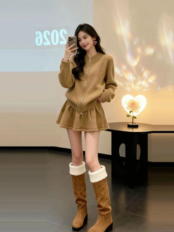 

Корейский вязаный кардиган на молнии и облегающая юбка с высокой талией для женщин, осенне-зимний комплект из двух предметов, модный стиль