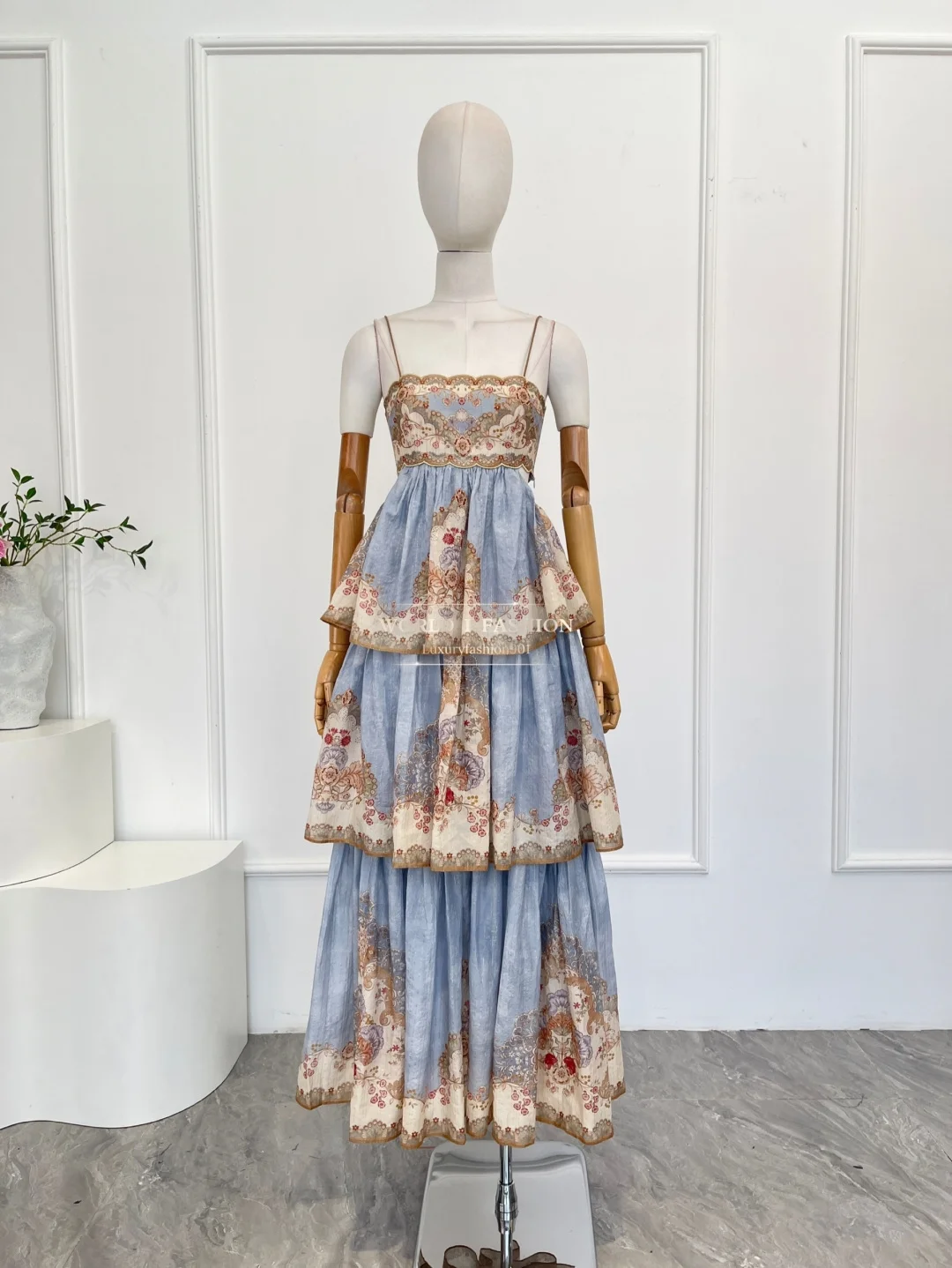 

Blue Floral Print Sleeveless Cascading Backless Cross Back Midi Dress 2025 High Quality Attractive