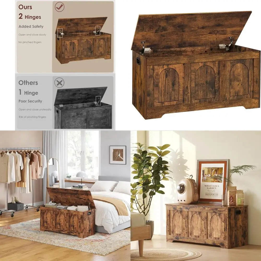 

Rustic Brown Wooden Storage Chest, 39.4 Large Flip-Top Toy Box with Safety Hinges, Entryway Shoe Bench, Living Room/Bedroom/Play