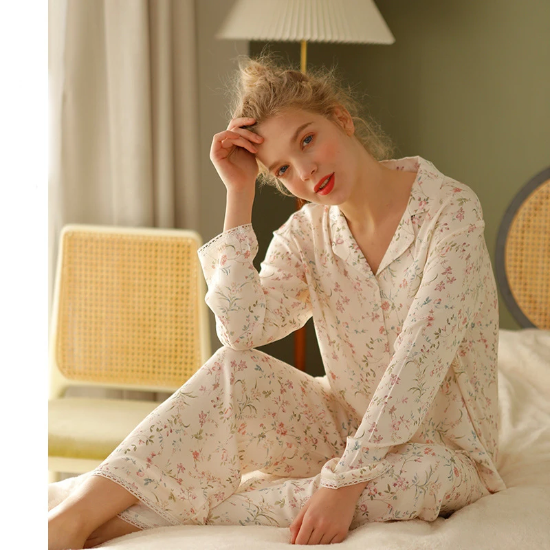 Women Two Pieces Spring Pajamas Suits Flower Print Long Sleeve Viscose Pijama Turn Down Collar Tops With Pants Satin Pajamas