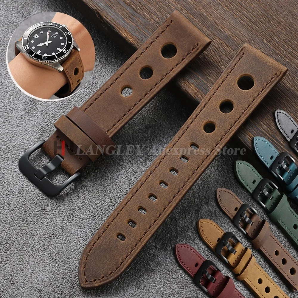 Bracelet de montre en cuir respirant, 18mm, 20mm, 22mm, 24mm, universel, en cuir de vache, Vintage, marron, noir, ceintures pour femmes et hommes, accessoires