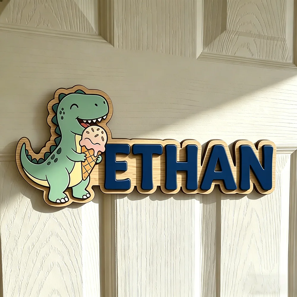 Whimsical Ice Cream Dinosaur Custom Name Plaque for The Dearest Baby, Unisex Nursery Wall Decor view 4
