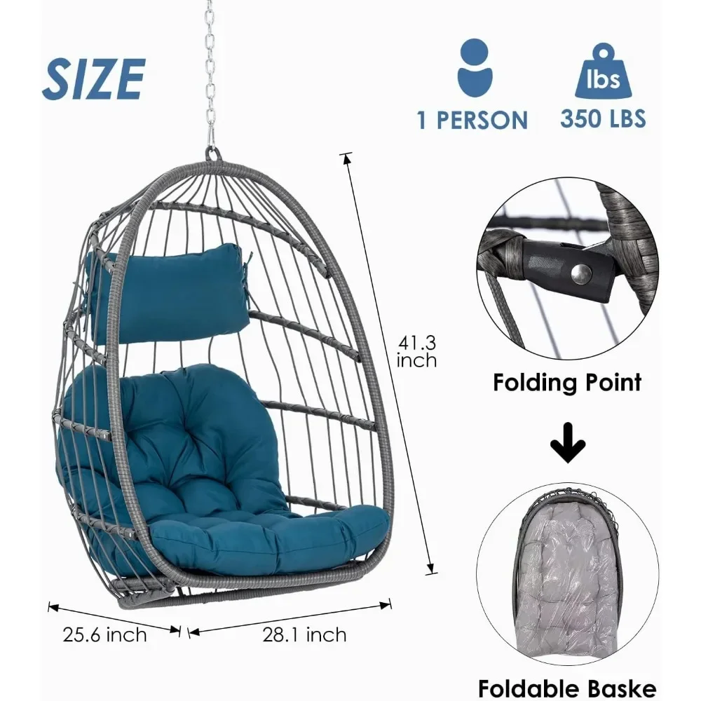 كرسي أرجوحة على شكل بيضة معلقة من الخيزران مع سلسلة معلقة في الهواء الطلق، كراسي سلة بيض أرجوحة قابلة للطي بدون حامل