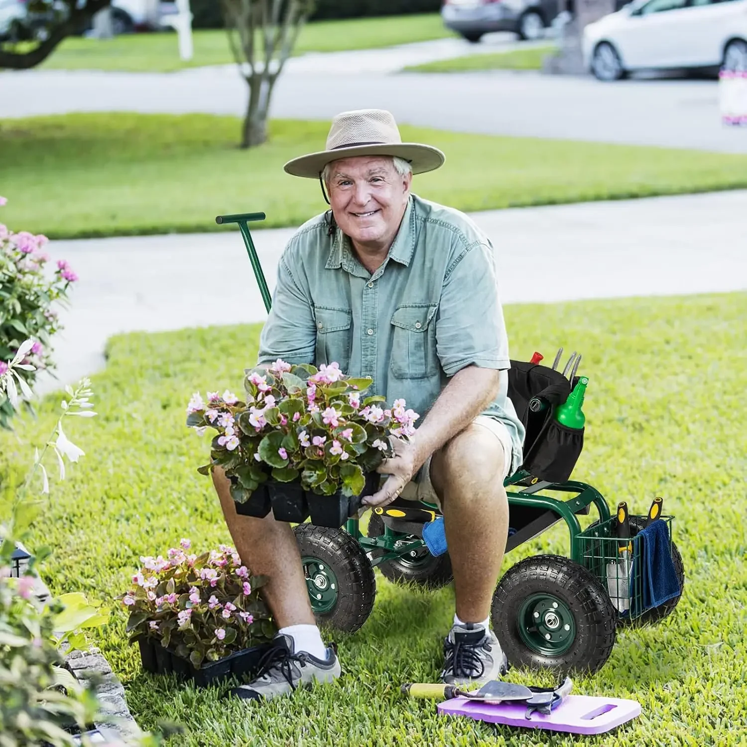 Rolling Garden Cart, Garden Scooter with Seat & Tool Storage, 2 Steering Handles, Gardening Helper with Wheels, Adjustabl