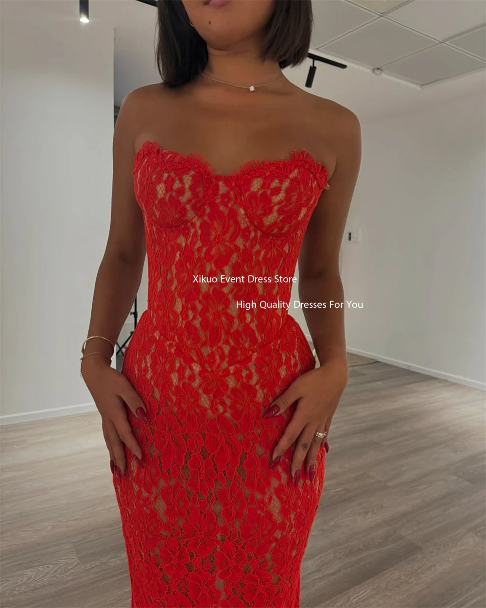 Xikuo فساتين حفلات حورية البحر الحمراء على شكل قلب من الدانتيل للنساء فستان سهرة للحفلات مثير فيستدو دي فيستا أنيقة فيمينينو لوكسو مخصص #2
