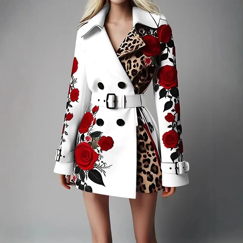 

Women New Long Sleeve Floral Flower Printed Office Coat Mid Long Styles Slim with Belt Tops Spliced Leopard Print Lapel Jacket