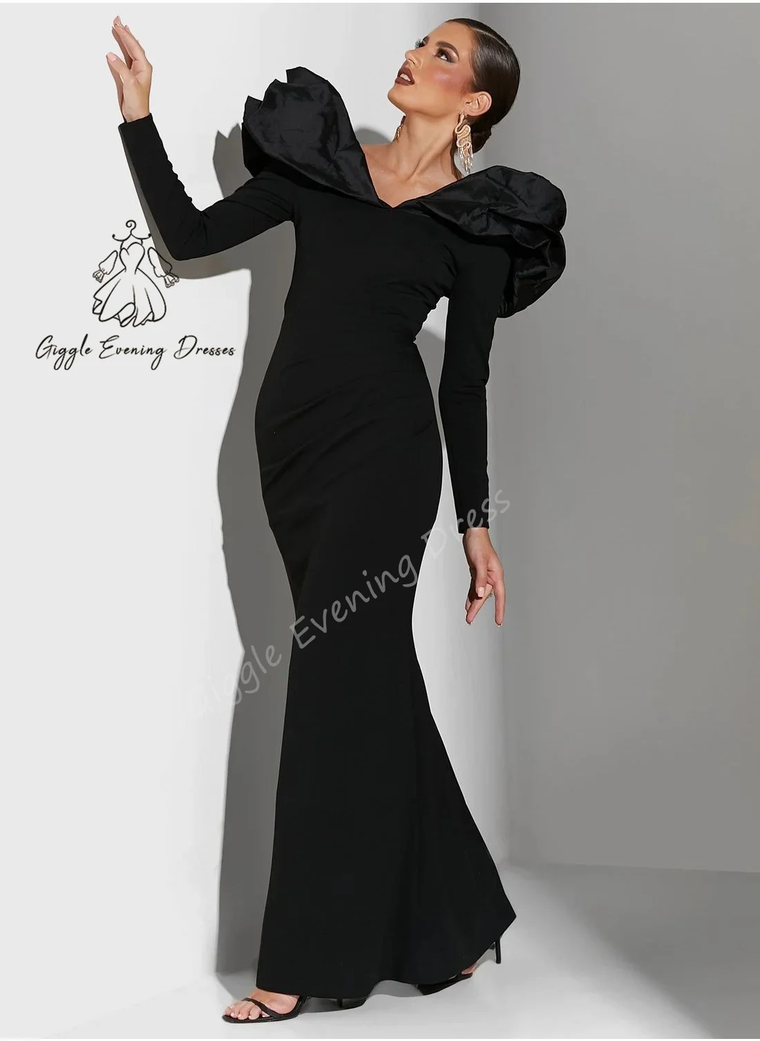 Giggle V-neck Exaggerated puffed-overlay Sleeves Bodycon Dress Prom Gown Sheat 2025 Saudi Arab Elegant Evening Party Dress