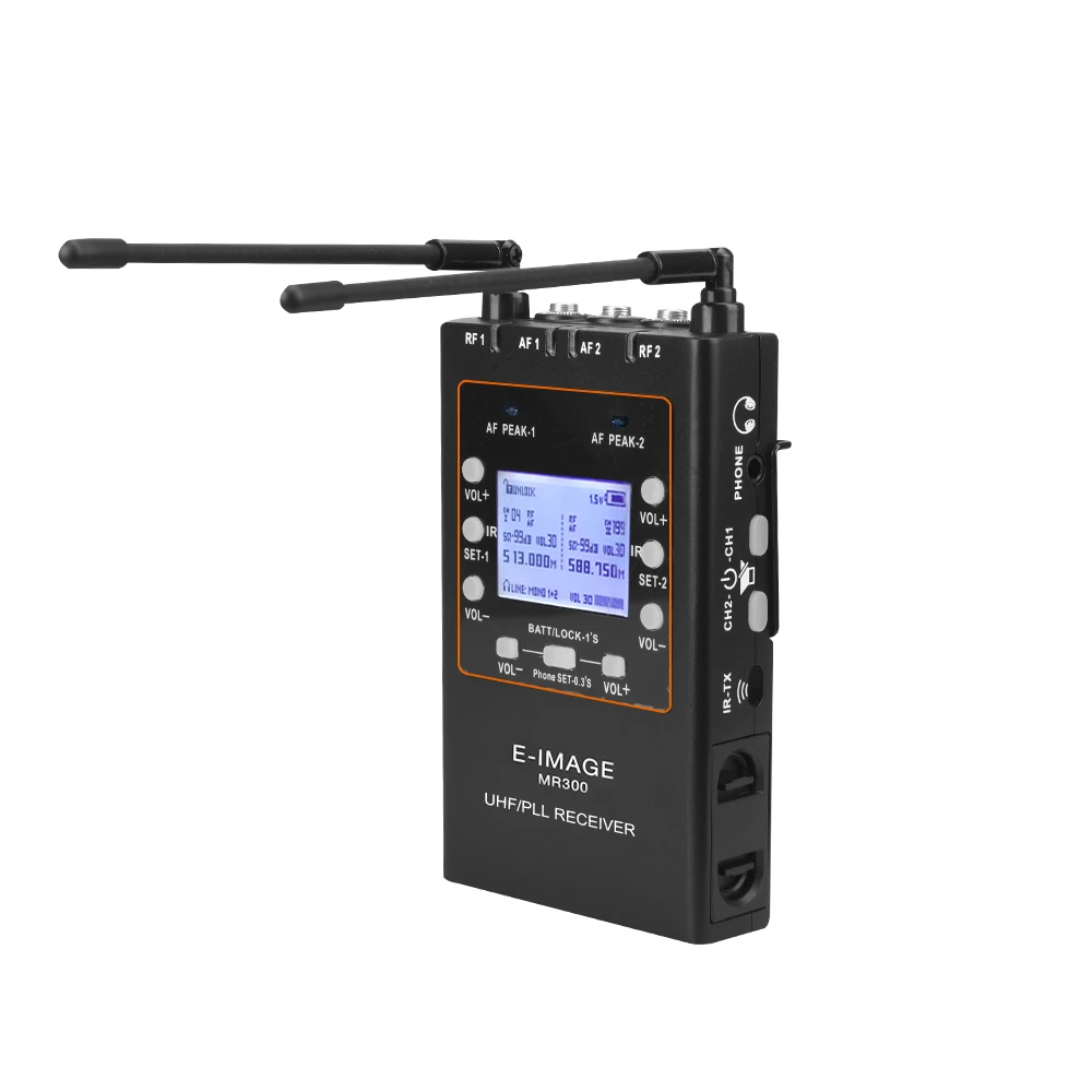 E-IMAGE MR-300 UHF جسم معدني ثنائي القناة UHF/PLL جهاز استقبال لاسلكي محمول للميكروفون اللاسلكي