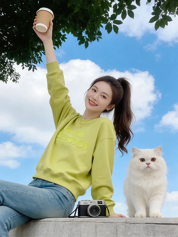 

Женская толстовка Laid-ba Sle Fruit een Letter: новая свободная модель для весны и осени, повседневный крой, круглый вырез, длинный рукав