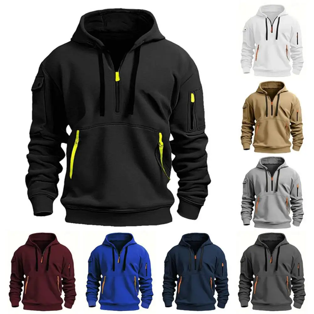 Trendy Hoodie Mens Half Open Hooded Sweatshirts Youth Arm Zip Multi-Pocket Streamer Long-Sleeved Pullover Daily Casual Sportwear