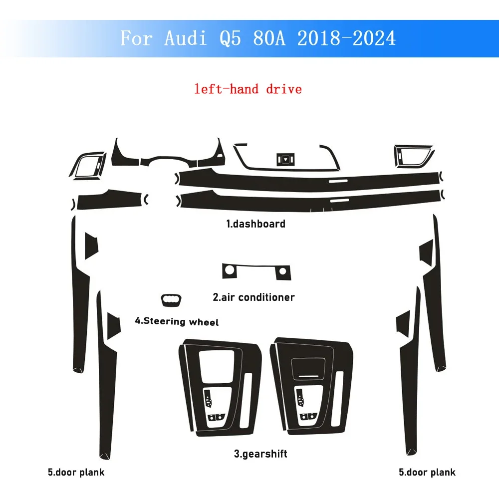 Image of Kohlefaser-Aufkleber für Audi Q5 80A 2018-2024, Innenraum-Folie für Mittelkonsole, Schalthebel, Armaturenbrett, Luftauslass, Türgriff und Hebefeld