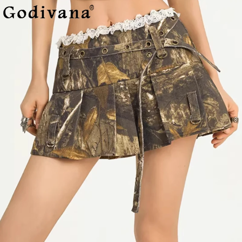 

Spring Summer Retro Low Rise Female Punk Denim Short Skirts Fashion Personality A-line Print Lace Splicing Street Pleated Skirt