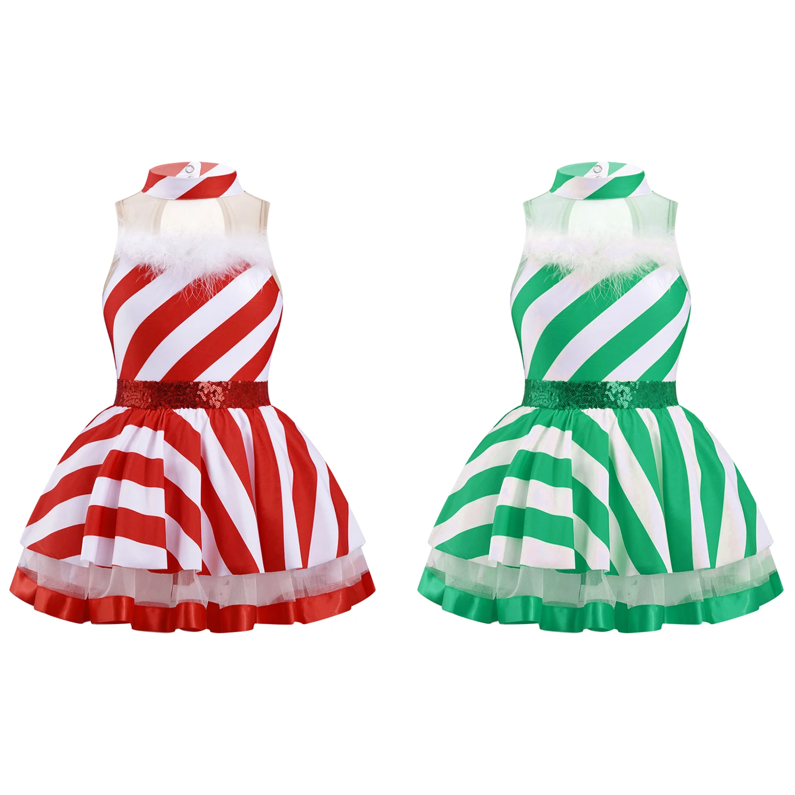 Kids Girls Candy Cane Striped Sequins Tutu Dress Christmas Dance Costume Skating Ballet Dress Mrs Santa Elf Cosplay Clothes