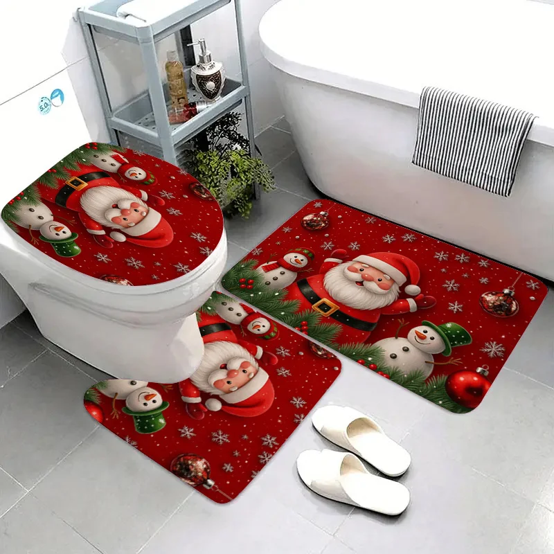 3‑Pieces Santa Claus & Snowman Bathroom Mat Set, Decor Rug Kit With Toilet Lid Cover & U‑Shaped Mat, Christmas Holiday
