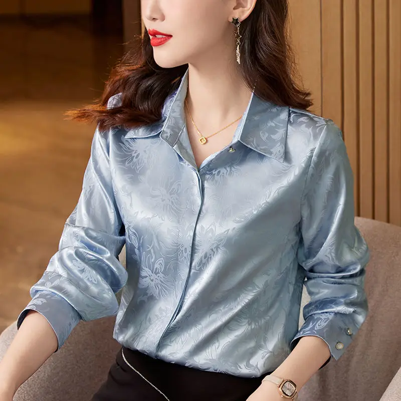 Satin Jacquard Shirt with Long Sleeves for Spring Autumn Women\'s Clothing Turn-down Collar Anti-wrinkle Patchwork Button Blouses