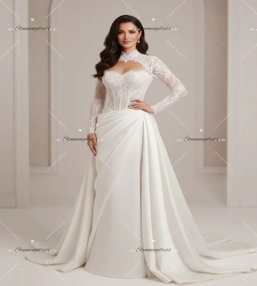 Removable Train 2 In 1 Wedding Dress Elegant Long Sleeve Mermaid Civil Country Bridal With Lace	Korean Princess Bride Dress 2026