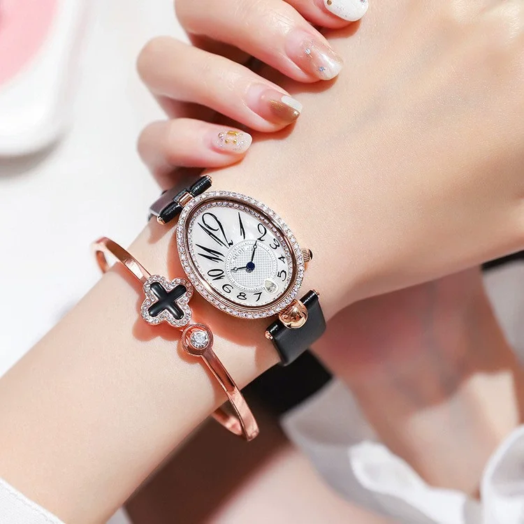 ساعة يد نسائية فاخرة من الجلد الأزرق البيضاوي مقاومة للماء ساعة يد كوارتز رائعة للفتيات ساعة يد كلاسيكية من أفضل العلامات التجارية للسيدات