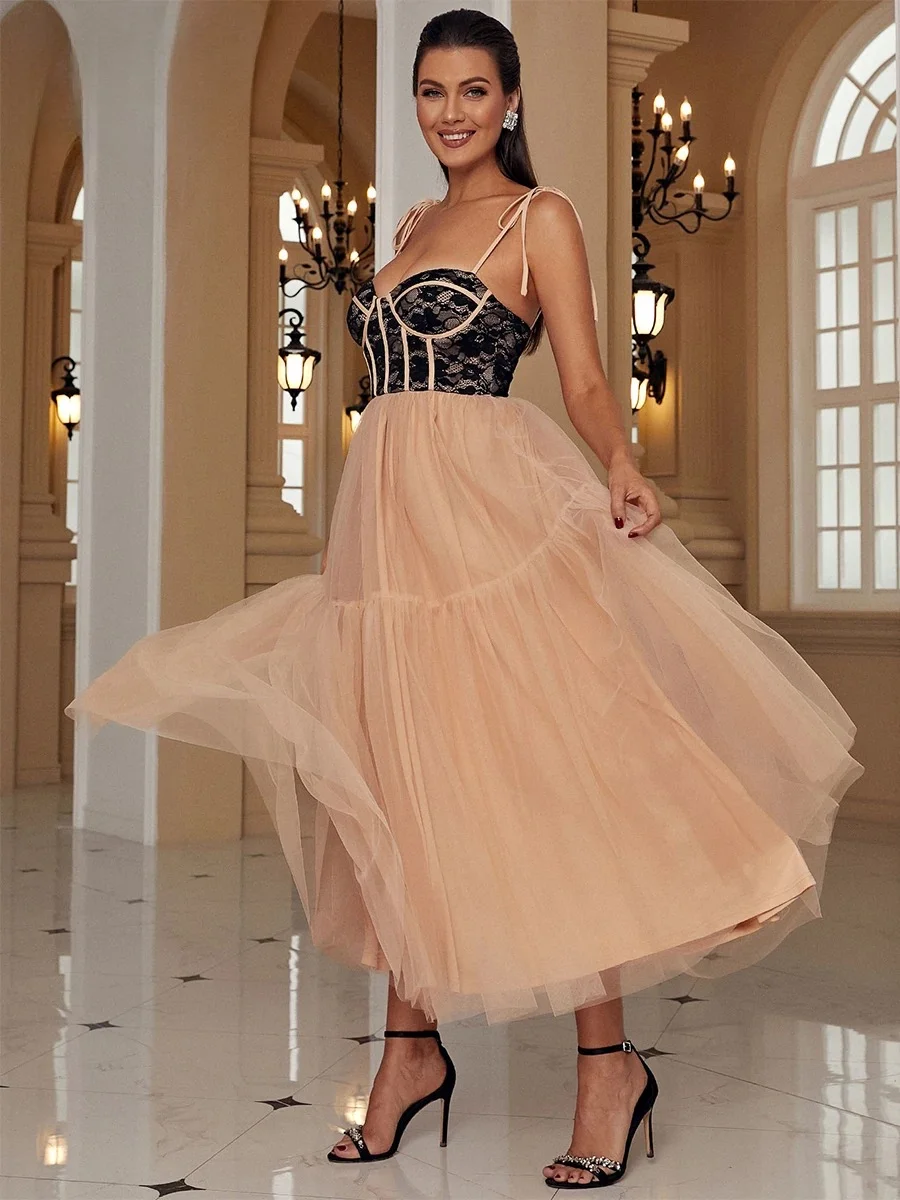 Customized Classic Tulle Lace Pleat Bow A-line Spaghetti strap Long Dresses Bespoke Occasion Dresses Retro Exquisite Sexy Casual