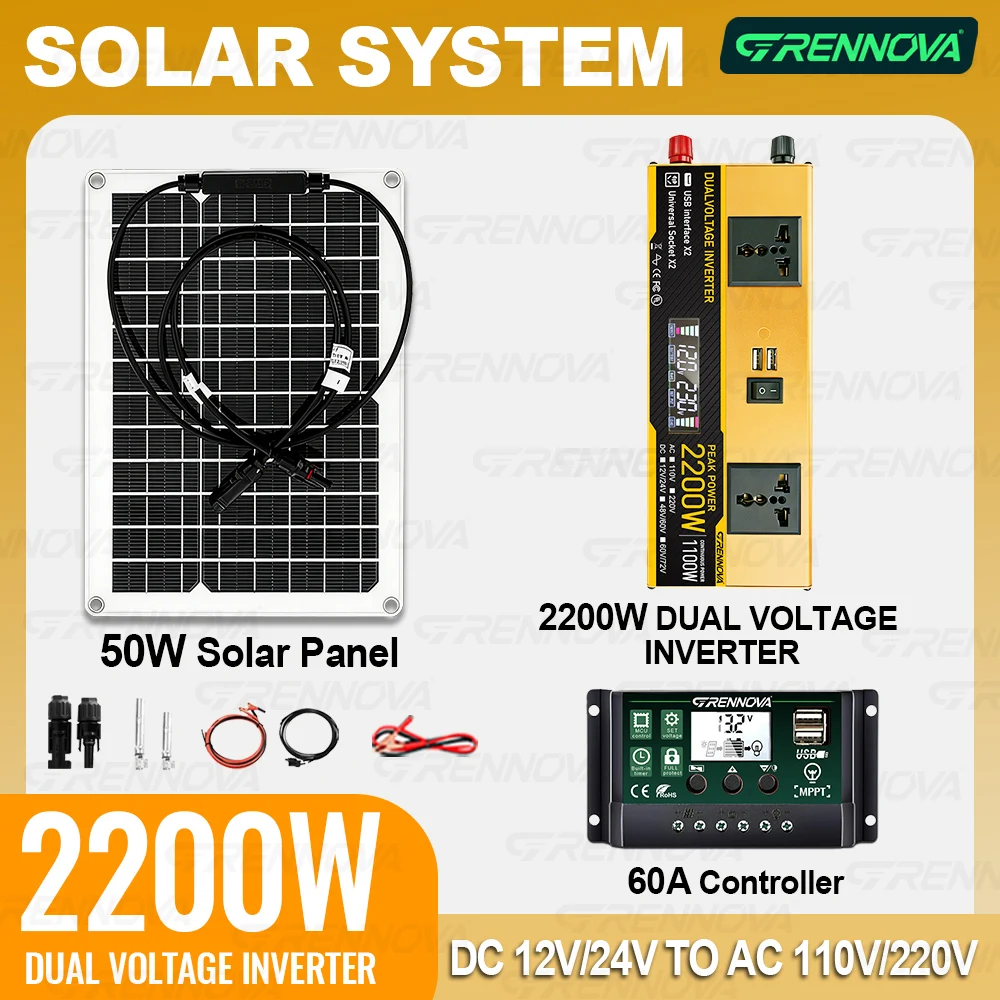 

Emergency Dual Voltage Solar System 50W Panel 60A Controller Inverter (Peak 2200W Rated 1100W) Ready for Household & Outdoor Use