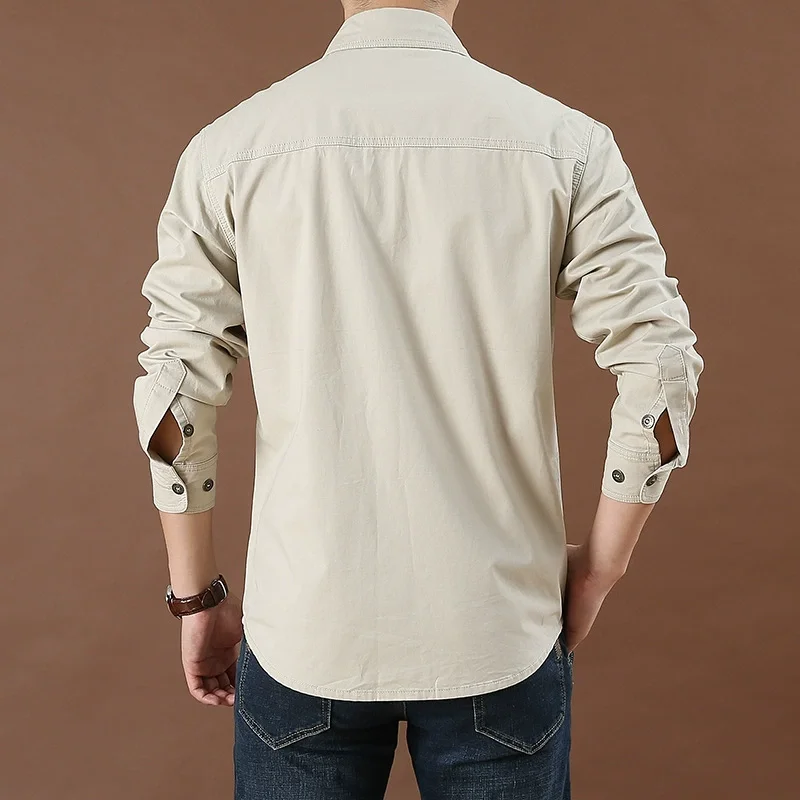 Men’s Workwear Casual Long Sleeve Shirt – Loose Fit Utility Pocket Button-Up Military-Style Cotton Shirt for Outdoor and Sport