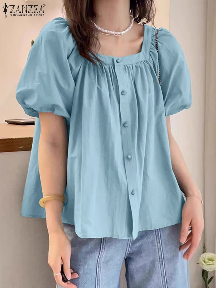 

ZANZEA Elegant OL Women Shirts 2025 Fashion Short Puff Sleeve Blouse Sexy Square Collar Solid Color Pleated Buttons Office Blusa