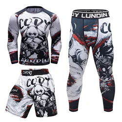 Camisa de compresión con estampado de Surf, pantalones cortos de Fitness, manga con logotipo de MMA, protectores de erupción personalizados, conjunto de protector de erupción impreso, venta al por mayor, Stock