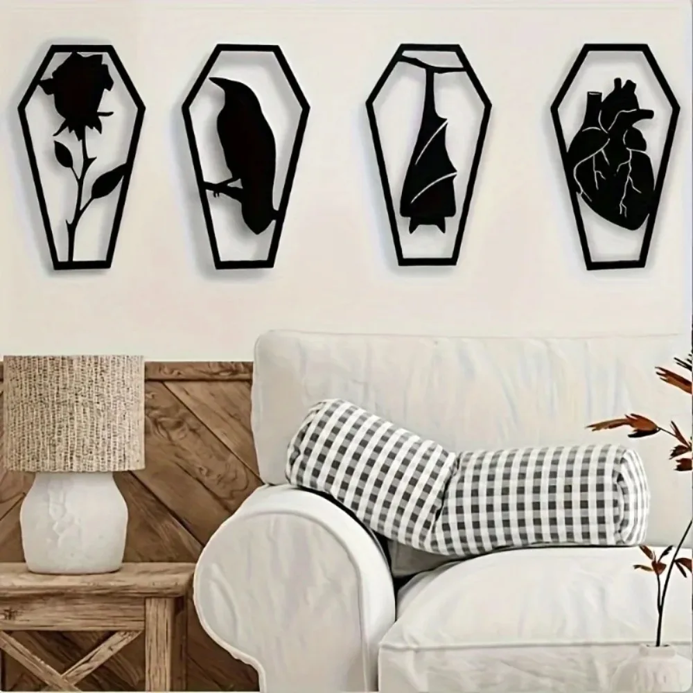 Acrylic Vintage 4-Piece Gothic Coffin Wall Art Set Heart Bat Raven Rose Pattern Bedroom Living Room Hanging Plaque Gift
