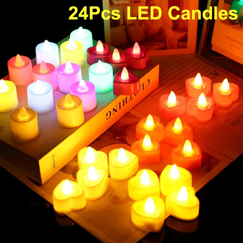 24Pcs Colorful LED Decorative Candles Flameless Electronic Fake Candles for Wedding Birthday Party Home Decoration Tealight Lamp