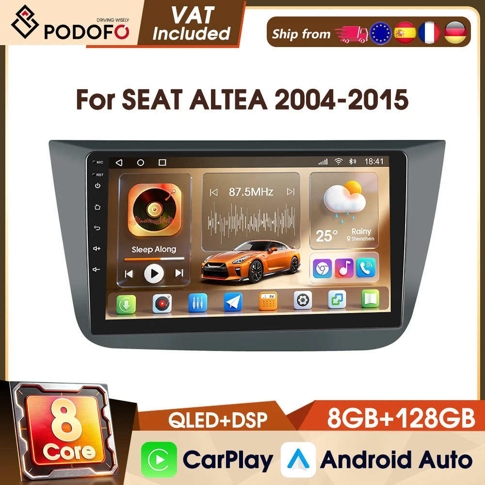 Podofo Universal 4G Autoradio für SEAT ALTEA 2004-2016, Autoradio mit GPS-Navigation, 9-Zoll-Multimedia-Videoplayer, 8-Kern-Prozessor, 8+128G Speicher, FM, RDS, Auto-Audio